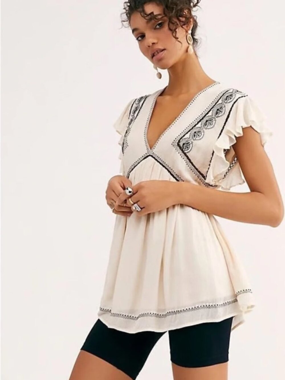 Free People Falling Water Flutter Sleeve Ivory Black Embroidered V-Neck Tunic